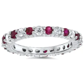 1 1/2ct Garnet Diamond Eternity Ring 14k White Gold