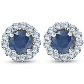 2 1/5 Ct Halo Diamond & Blue Sapphire Studs 14k White Gold