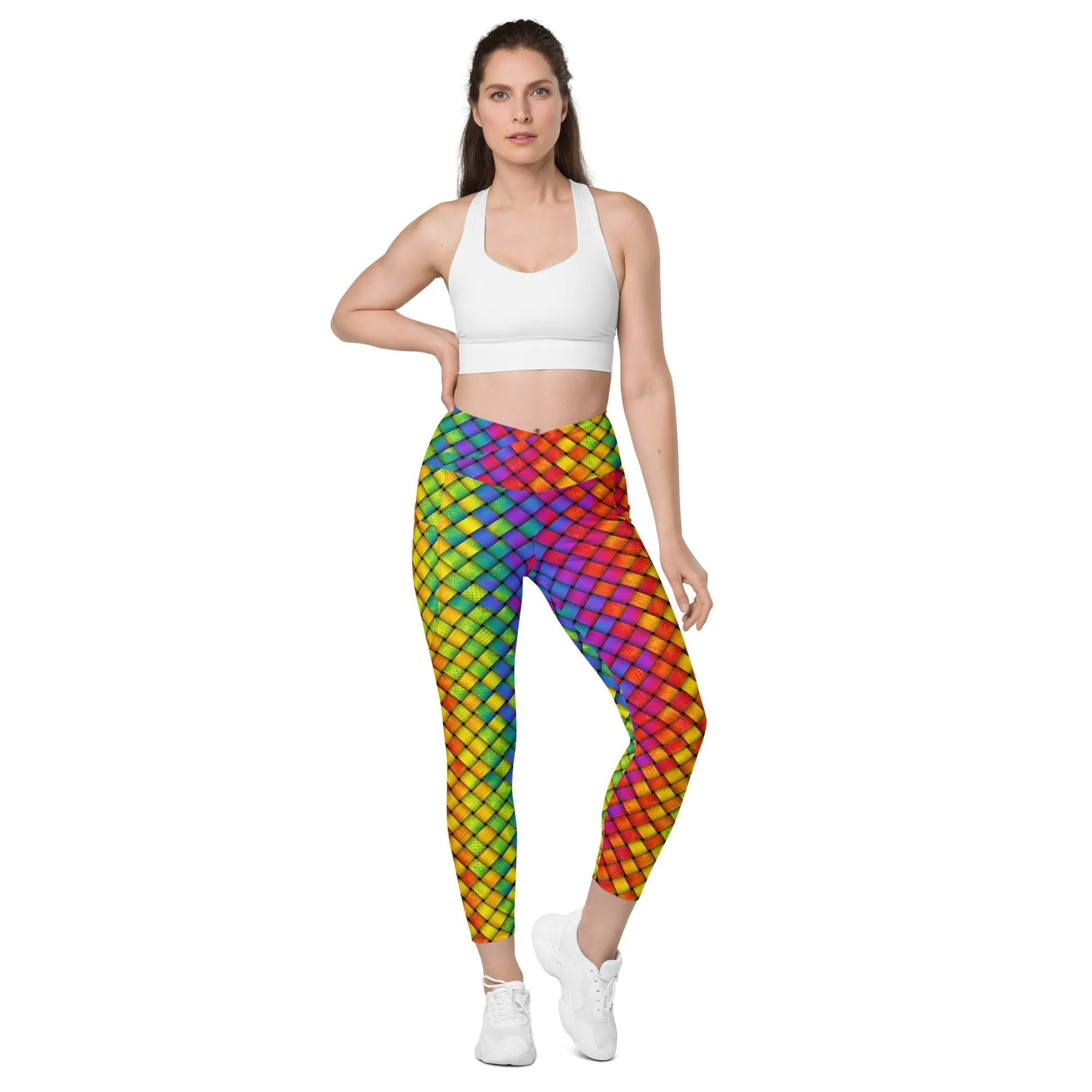 3D Rainbow Pattern Crossover Leggings With Pockets