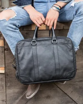 Black Leather Mens 14 inches Briefcase Work Bag Laptop Bag Business Bag for Men