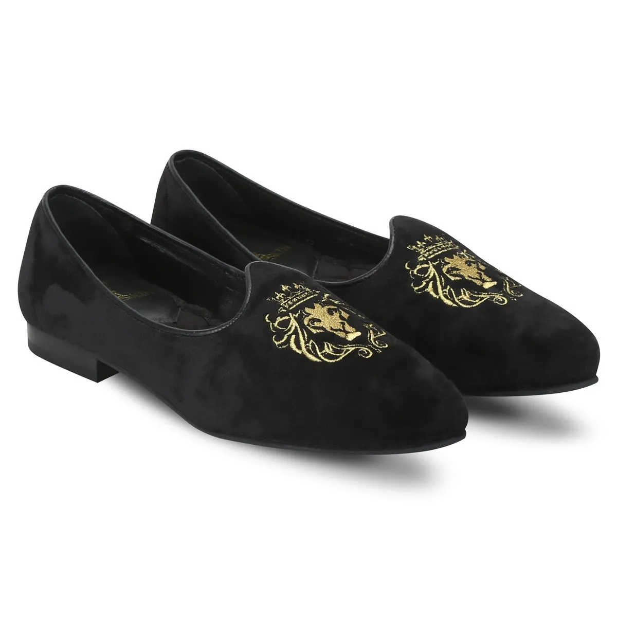 Black Velvet Jalsa Jutti For Men With Golden Lion-King Embroidery