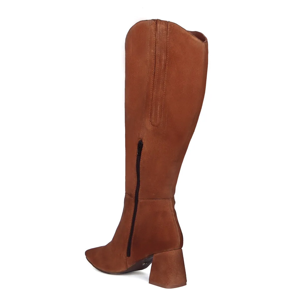 Blocked Heel Adjustable Elastic Pointed Toe Knee-Height Brown Rich Suede Leather Ladies Boots By Brune & Barerskin