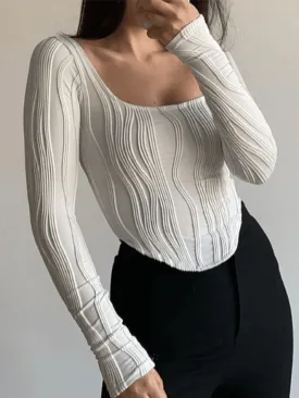 Creped White Long Sleeve Crop Top