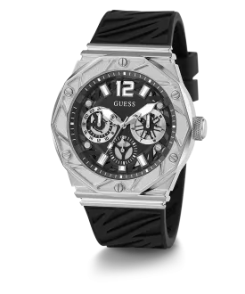 GUESS Mens Black Silver Tone Multi-function Watch