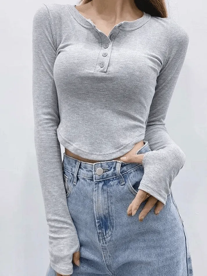 Irregular Long Sleeve Button Crop Top