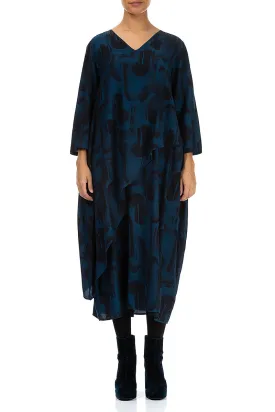 Layered V-Neck Navy Paintwave Silk Bamboo Dress