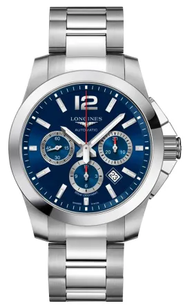 Longines Conquest Automatic Chronograph Stainless Steel Blue Dial Date Divers Mens Watch L3.801.4.96.6