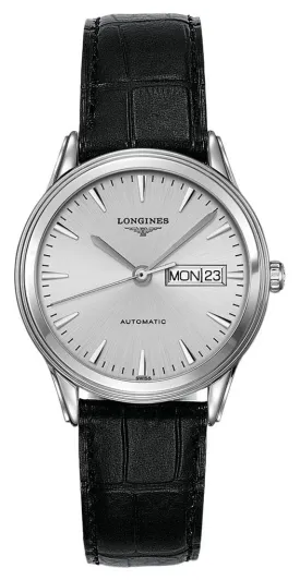 Longines Flagship Automatic Stainless Steel Silver Dial Black Leather Strap Day/Date Mens Watch L4.899.4.72.2